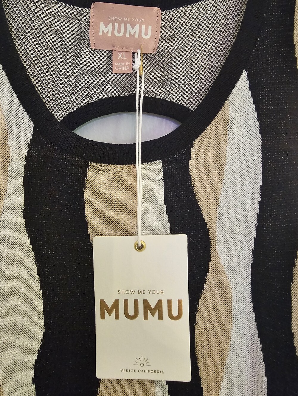 Show Me Your MuMu Wave Stripe Oval-Back Mini Dress in Black, White & Beige - Picture 8 of 9